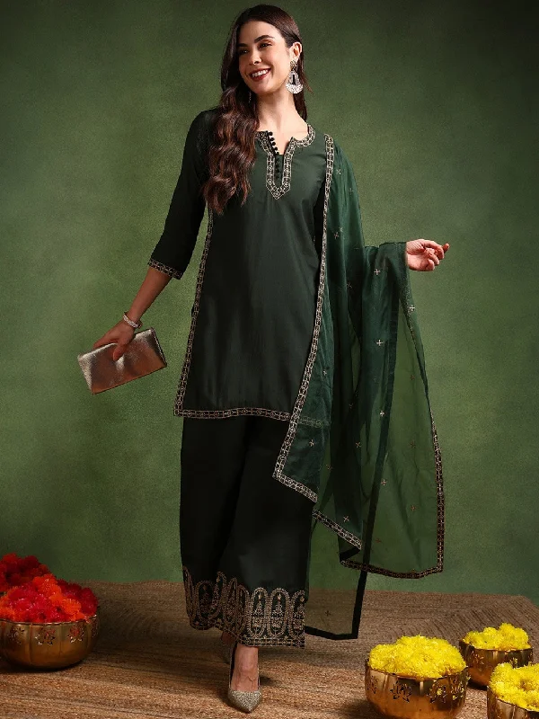 Green Silk Blend Solid Embroidered Straight Kurta Palazzo With Dupatta Monochrome unclassified dresses