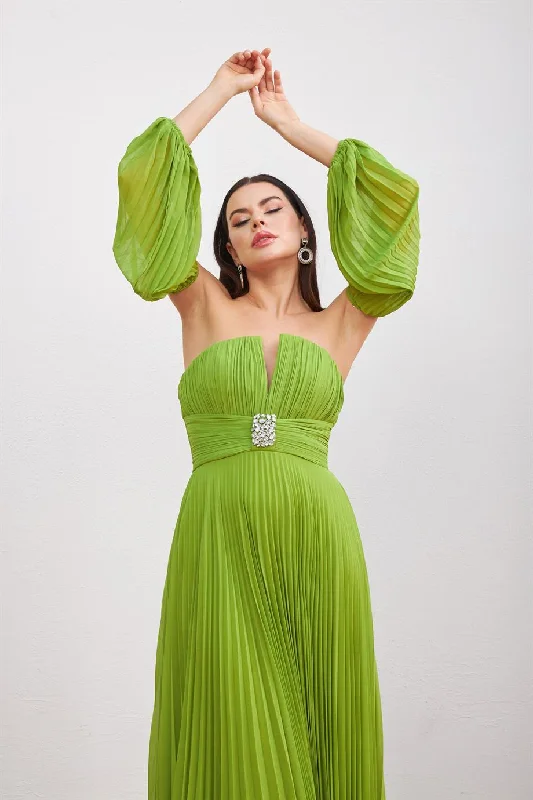 Angelino peanut green chiffon belt detailed long evening dress dress Metallic unclassified dresses
