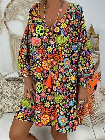 hoombox Boho Printed Colour V Neck Long Sleeve Dress Travel unclassified dresses