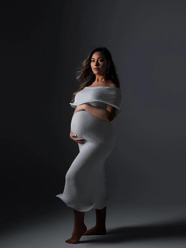 Momyknows Ivory White Knit Off Shoulder Ripple Hem Bodycon Elegant Cocktail Party Gown Maternity Photoshoot Baby Shower Midi Dress Denim midi dresses