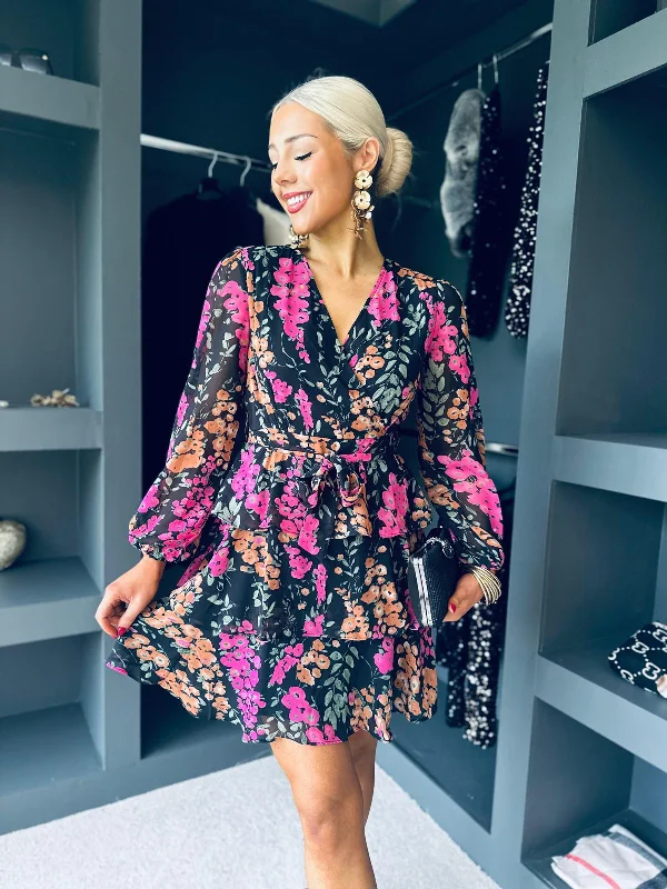 Kim Long sleeve Floral Tiered Mini Dress--A-line Denim Skirt